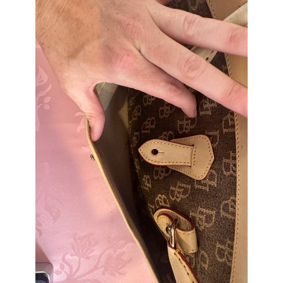 Vintage Dooney & Bourke Satchel Bag DB Monogram Tan Leather Trimmed Zip Top - Picture 5 of 10